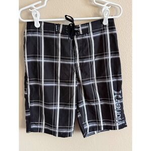 Hurley Boys Black White Plaid Board Shorts Swim Trunks Size 18 CCQ 0734